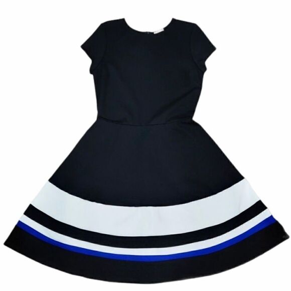 Love...Ady Fit & Flare Black White Royal Blue Flattering Dress Size Medium Crew - Picture 7 of 8